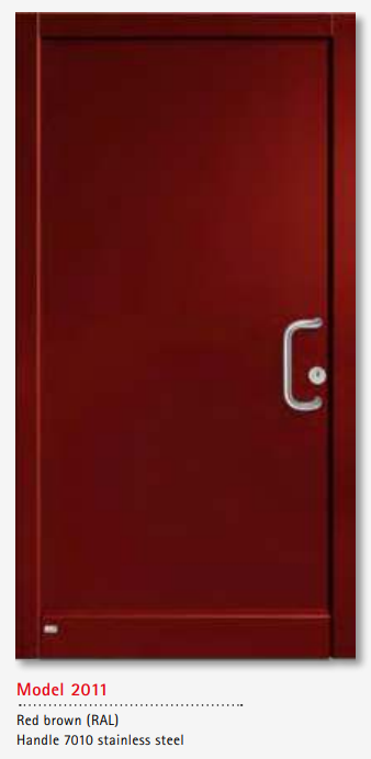 UNILUX Model 2011 Red Brown JuniorLine Door, Perlbeige Accent, Stainless Handle, Security Lock, Custom Timber Entry